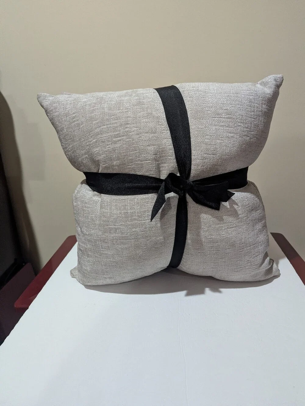 2 NEW Neutral Gray Pumice Decorative Throw Pillow with Black Ribbon. 18